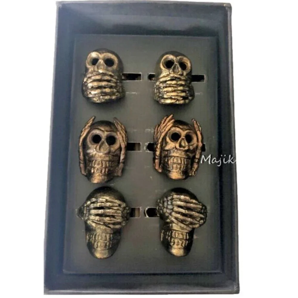 Rachel Zoe Skull Napkin Rings See Hear Speak No Evil Dark Gold Metal Set of 6